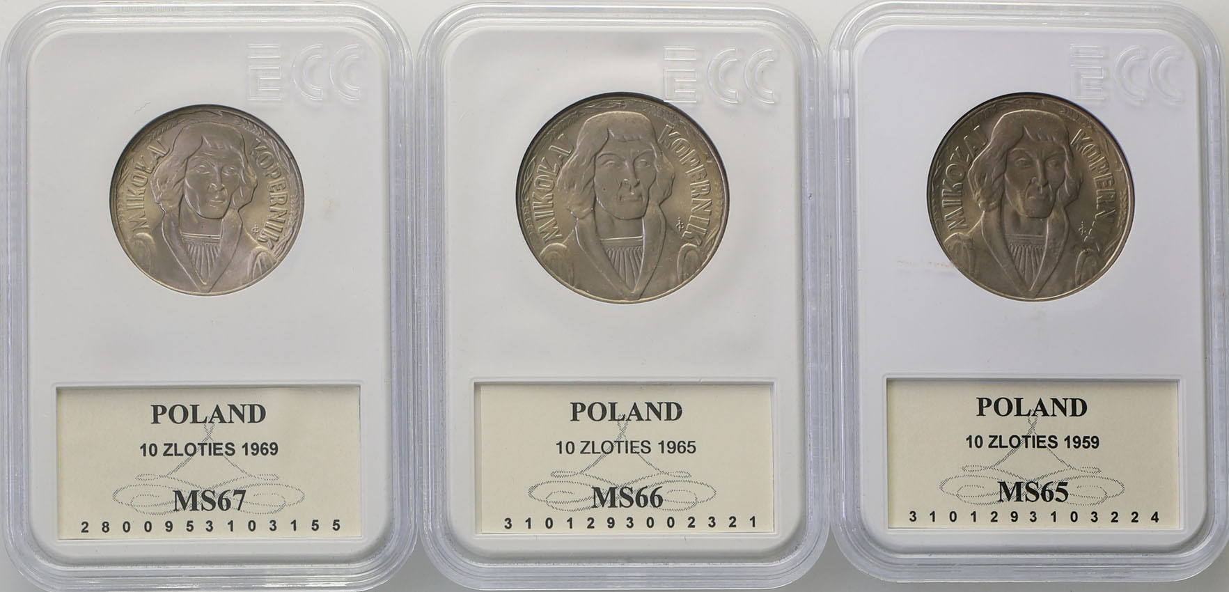 PRL. Zestaw monet 10 złotych M. Kopernik 1959, 1965, 1969 - 3 sztuki